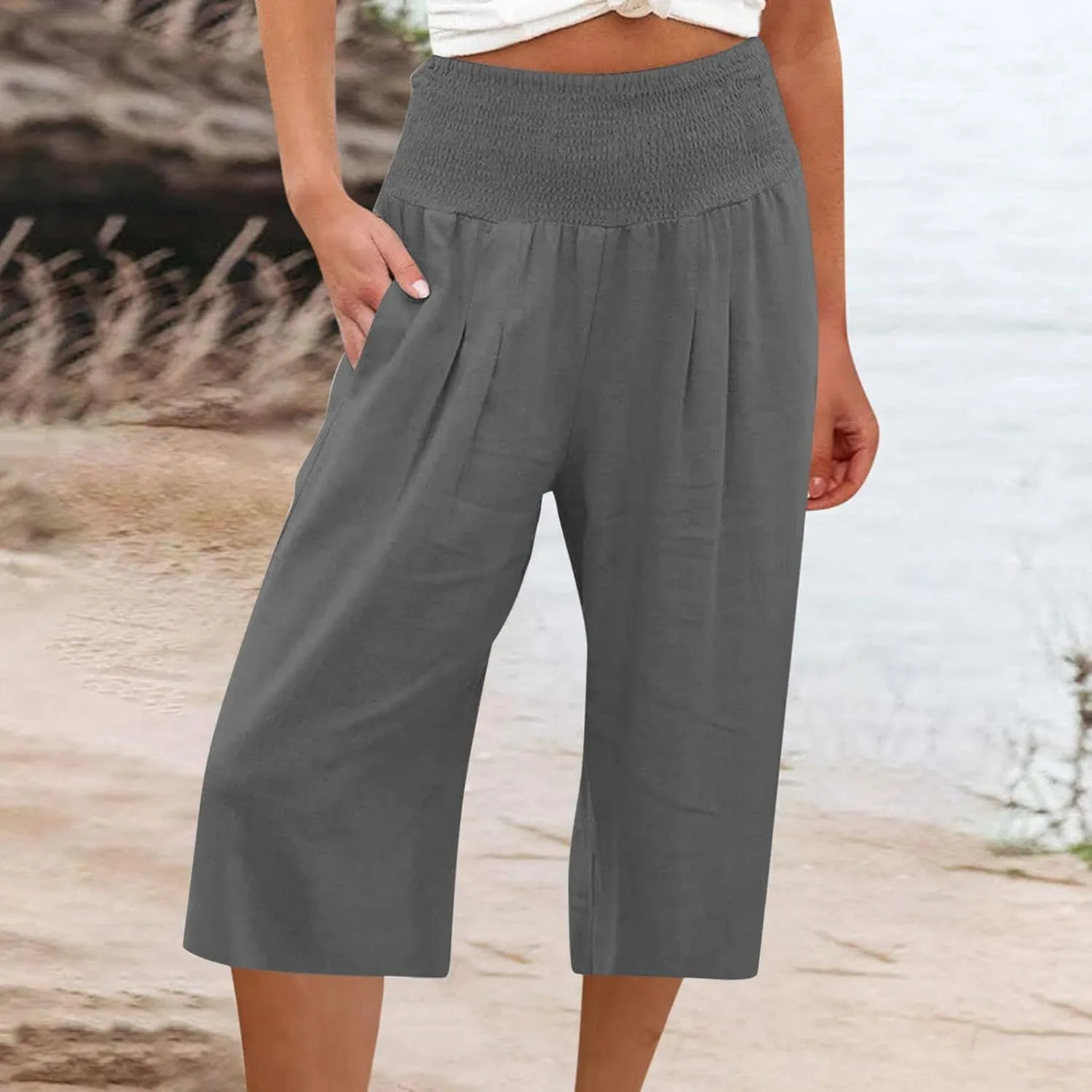 ZDRZK Linen Wide Leg Pants for Women 2023 Summer High Waist Smocked Capri Pants Casual Wide Leg Beach Pant Trousers