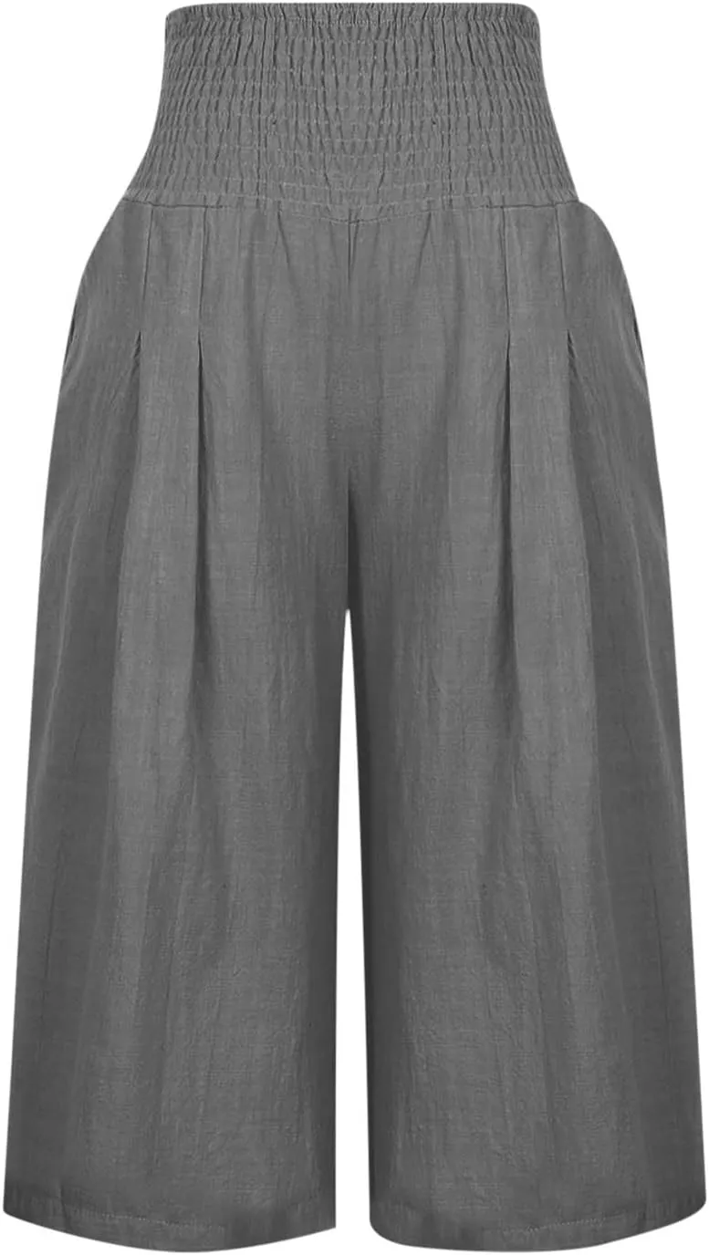 ZDRZK Linen Wide Leg Pants for Women 2023 Summer High Waist Smocked Capri Pants Casual Wide Leg Beach Pant Trousers